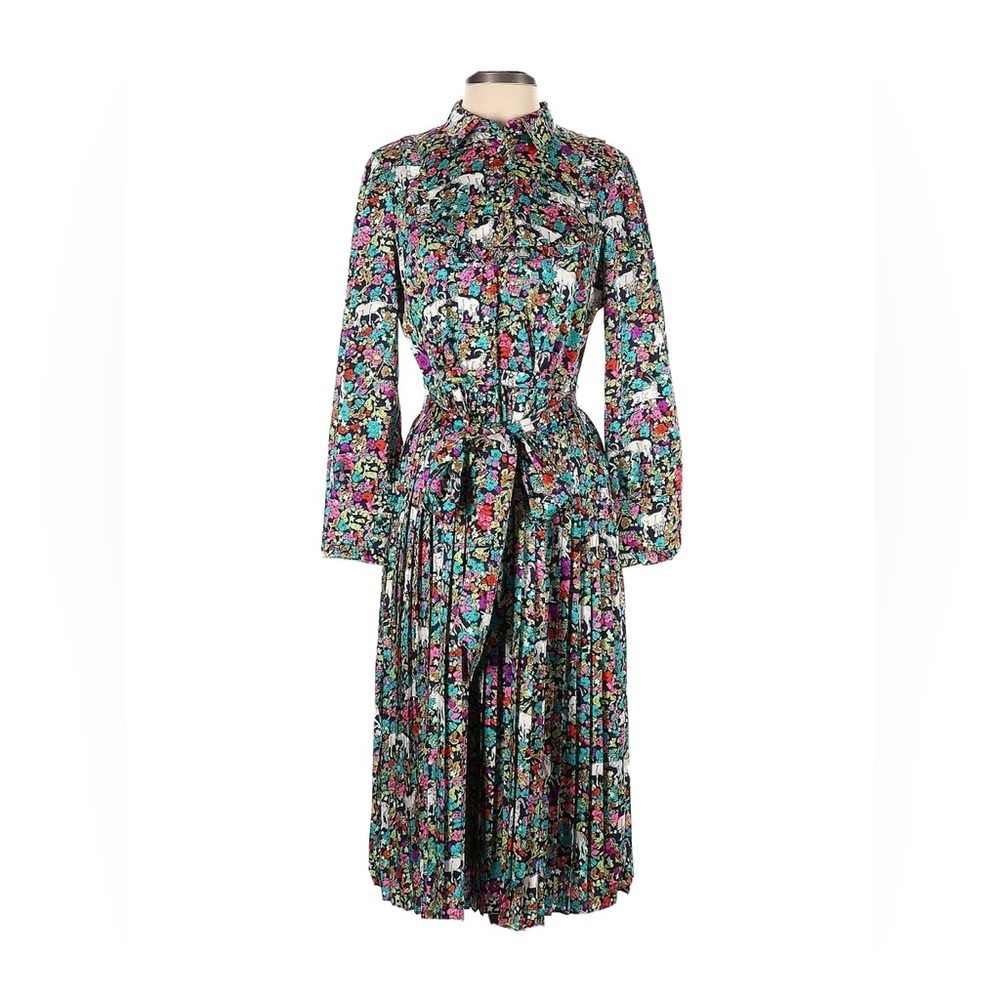 Grazing Goat Pleated Floral Midi Dress Collar Long Sleeve Animal Artsy Novelty 2 - Picture 6 of 9